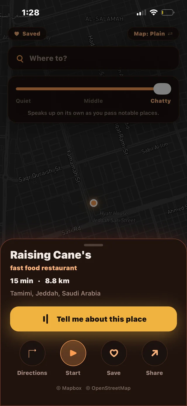 iSee — place card with drive time, distance, and the Tell-me-about-this-place action