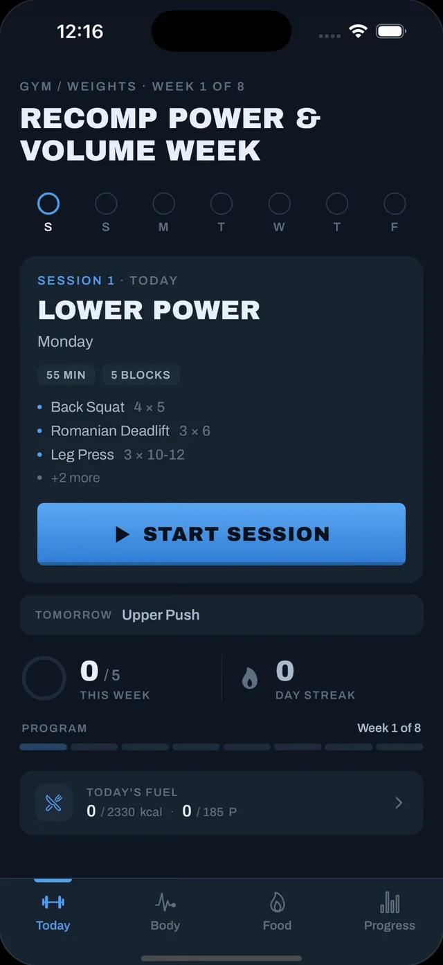 PULSE — Today tab with the next session